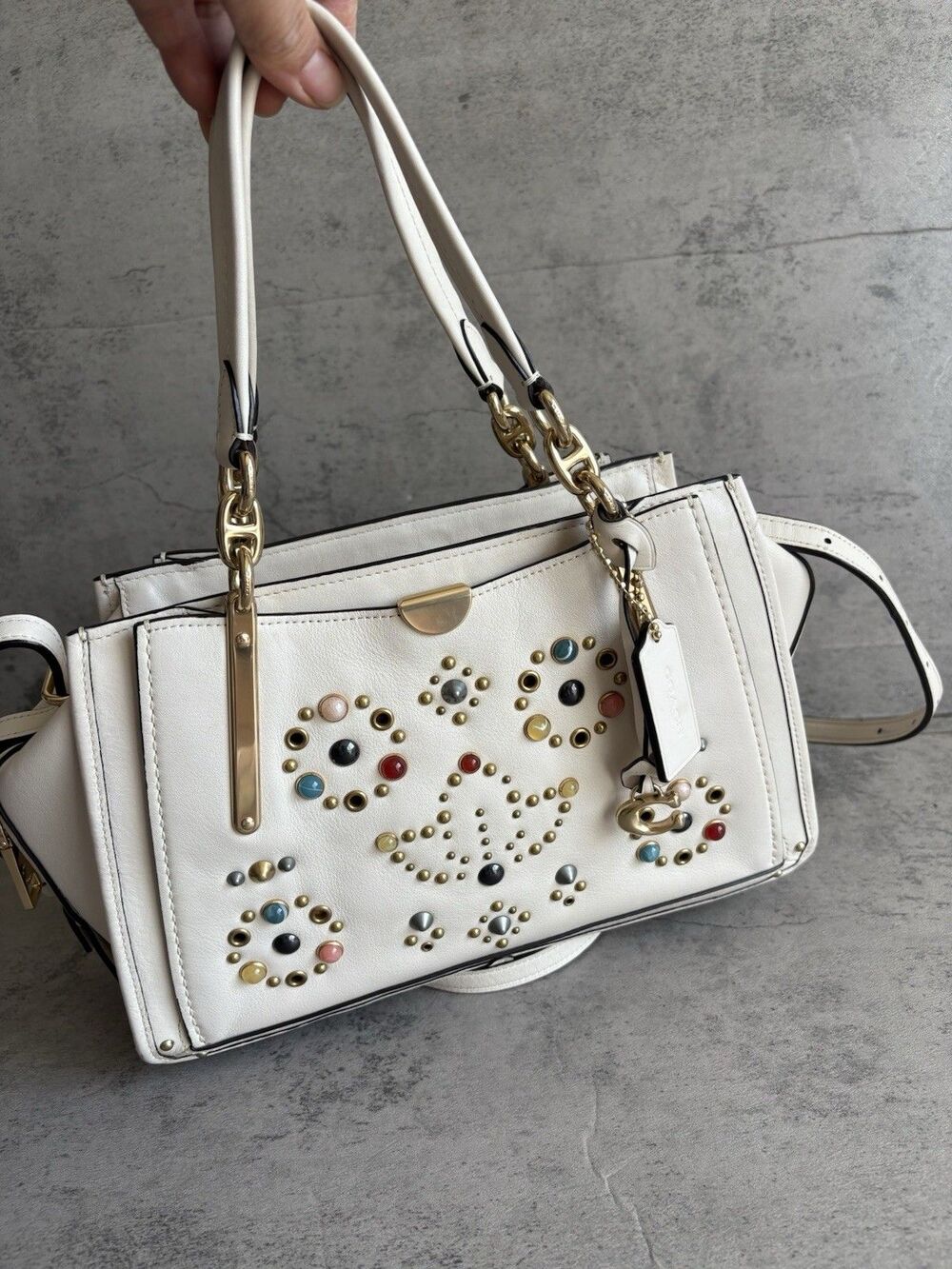 $595 Coach 68291 Dreamer 27 Satchel Crossbody Leather Bag with Rivets in Chalk